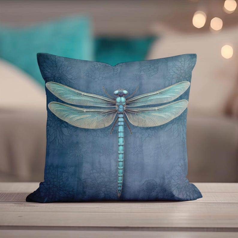 Dragonfly Throw Pillow - Dark Blue Accent Pillow with Turquoise Dragonfly for Couch, Decorative Pillow, Whimsical Cottage Dragonfly Decor immagine 5