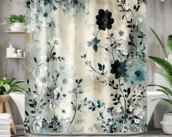 Blue Floral Shower Curtain - Boho Shower Curtain, Beige & Teal, Turquoise Botanical Wildflowers Whimsical Designer Bathroom Decor