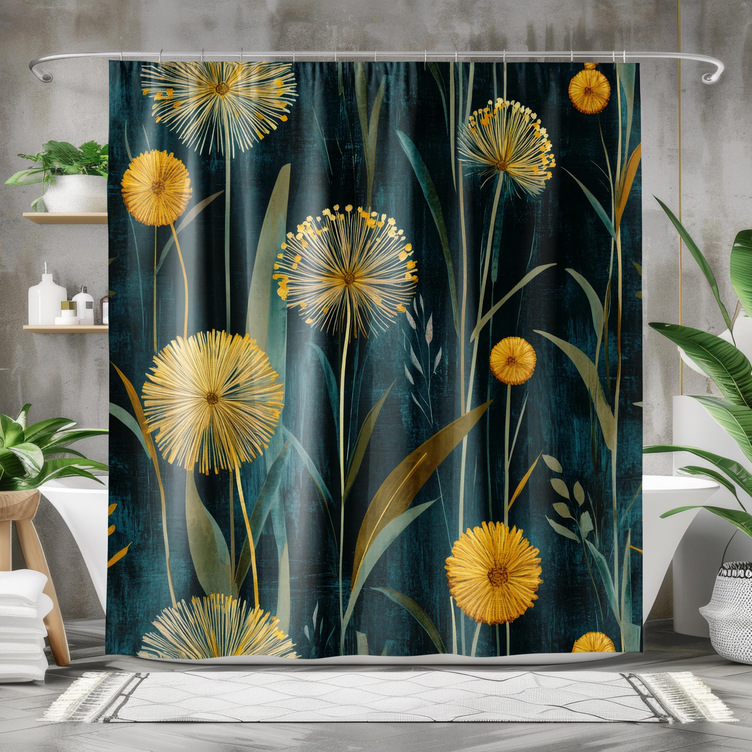 Dark Teal Shower Curtain - Dark Blue Green Floral Shower Curtain, Modern Dandelion Mustard Yellow Wildflower Designer Bathroom Decor