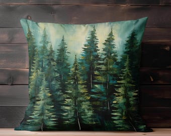 May include: A square throw pillow featuring a painterly forest scene with multiple evergreen trees in shades of deep forest green, teal, and hints of yellow. The artwork displays visible brushstrokes and a soft, light-filled sky background.