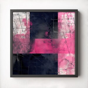 Impression d'art mural abstrait, téléchargement numérique, décor rose et bleu indigo, art mural moderne patchwork en détresse, contemporain, décor à la maison unique