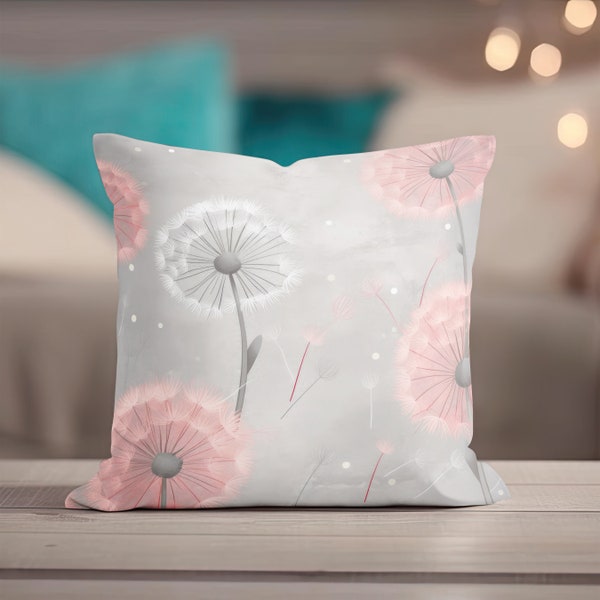 Dandelion Pillow - Floral Throw Pillow, Pink and Gray Accent Pillow, Nature Inspired Minimalist Modern Designer Pillow, Home Gift for Her