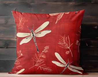 Red Dragonfly Pillow, Square Art Pillow, Accent Throw Pillow, Dragonflies Pillow Cover, Floral Dragonfly Pillow, Couch Pillow, Home Decor