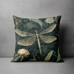 Dragonfly Throw Pillow - Dark Green Forest Floral Accent Pillow for Couch or Chair, Cottage Decorative Pillow, Fantasy Dragonfly Home Decor