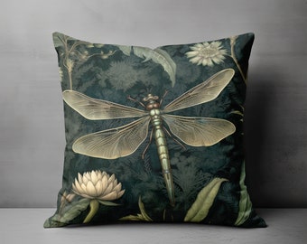 Dragonfly Throw Pillow - Dark Green Forest Floral Accent Pillow for Couch or Chair, Cottage Decorative Pillow, Fantasy Dragonfly Home Decor