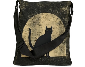 Black Cat Tote Bag - Adjustable Strap Tote Bag - Halloween Tote Bag with Zipper, Creepy Cat Tote Bag, Gothic Tote, Spooky Cat Shoulder Bag