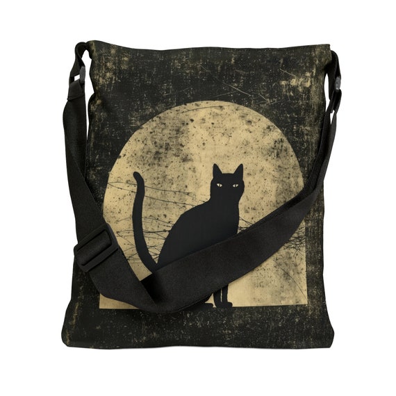 Black Cat Tote Bag - Adjustable Strap Tote Bag - Halloween Tote Bag with Zipper, Creepy Cat Tote Bag, Gothic Tote, Spooky Cat Shoulder Bag