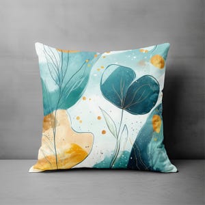 Modern Floral Throw Pillow - Blue & Yellow, Teal Watercolor Wildflower Spring Flowers Accent Couch Pillow, Designer Home Decor