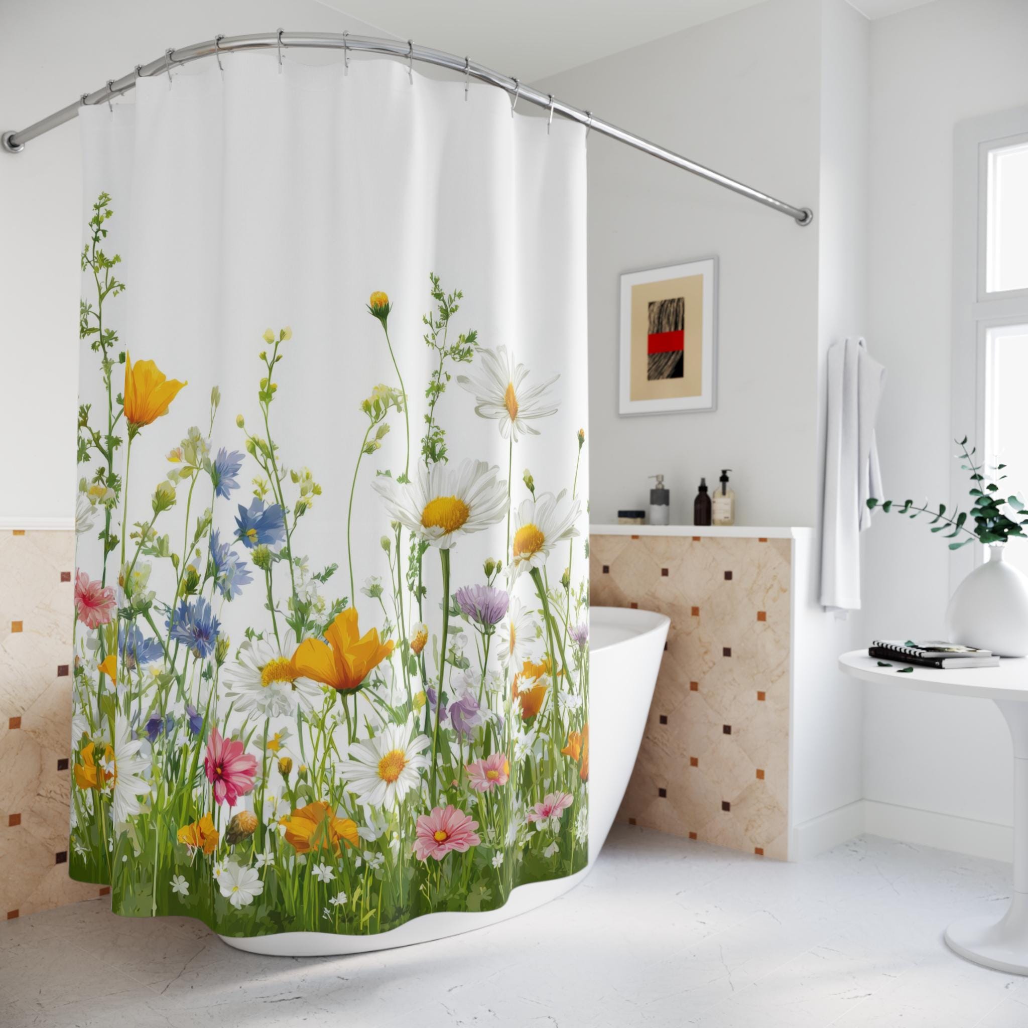 Spring Wildflower Shower Curtain, Daisy Floral Bathroom Decor