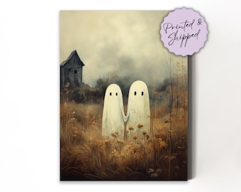 Ghosts Art Print - PRINTED & SHIPPED Fine Art Print Halloween Art, Halloween Wall Decor, Cute Ghosts in Field, Spooky Vintage Halloween Art