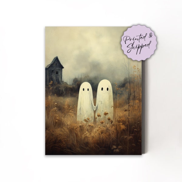 Ghosts Art Print - PRINTED & SHIPPED Fine Art Print Halloween Art, Halloween Wall Decor, Cute Ghosts in Field, Spooky Vintage Halloween Art