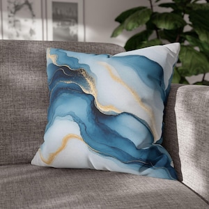 Modern Blue and Gold Abstract Throw Pillow Cover, Elegant Marble Watercolor Decorative Cushion for Sofa or Bed, Minimalist Home Decor