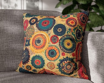 Boho Throw Pillow Cover - Mandala Yellow Dark Blue Floral Bohemian Decorative Pillow Unique Eclectic Whimsical Couch Pillow Home Decor
