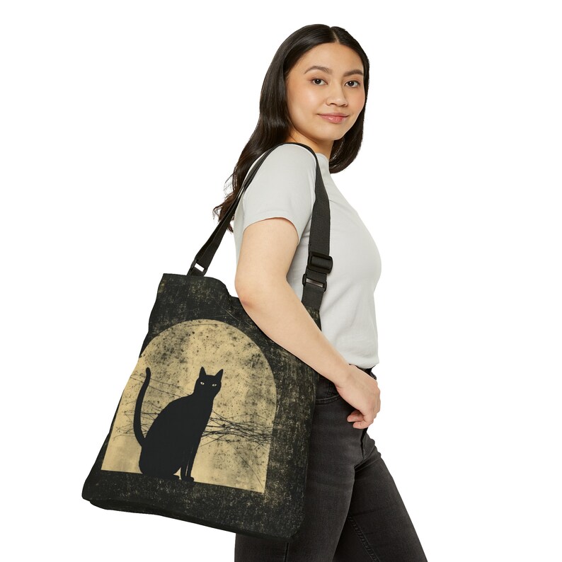 Bolso tote de gato negro - Bolso tote con correa ajustable - Bolso tote de Halloween con cremallera, bolso tote de gato espeluznante, bolso tote gótico, bolso de hombro de gato tenebroso imagen 4