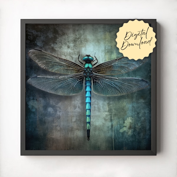 Dragonfly Wall Art, Digital Download, Teal Blue Wall Decor, Distressed Abstract, Dragonfly Art Print, Vintage Style, Fantasy Home Decor