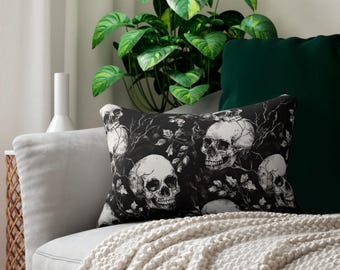 Gothic Lumbar Pillow, Skulls Throw Pillow, Black Throw Pillow, Halloween Lumbar Pillow, Unique Pillow, Whimsigoth Dark Moody Home Decor