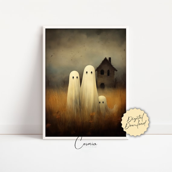 Ghosts Art Print, Halloween Art, Halloween Decor, Ghost Family in Field, Spooky Vintage Fall Art, Printable Wall Art, Digital Download