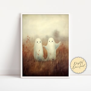 May include: Two white ghosts with smiling faces are walking hand-in-hand through a field of tall brown grass. The background is a hazy, misty forest.
