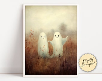 Ghosts Art Print, Halloween Art Print, Halloween Decor, Cute Ghosts in Field, Spooky Vintage Halloween, Printable Wall Art, Digital Download
