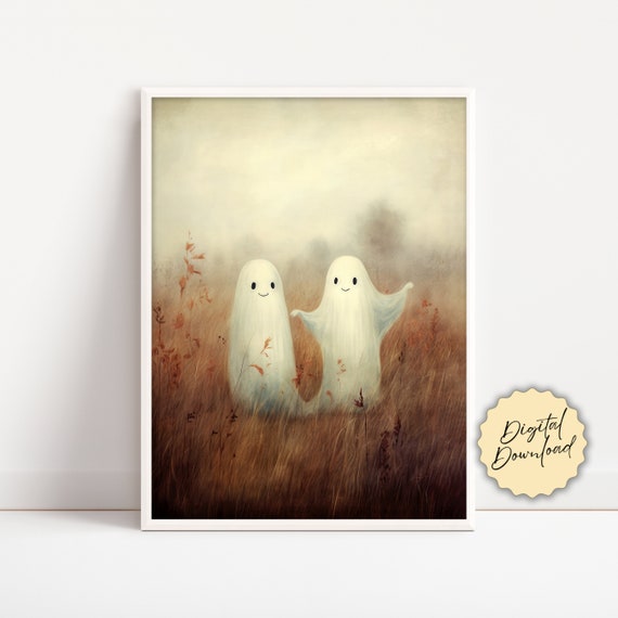 Ghosts Art Print, Halloween Art Print, Halloween Decor, Cute Ghosts in Field, Spooky Vintage Halloween, Printable Wall Art, Digital Download