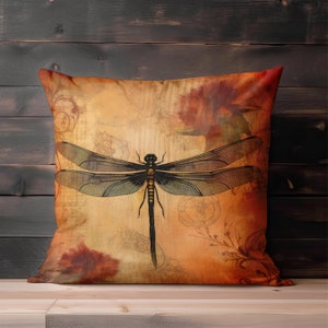 Dragonfly Throw Pillow - Throw Pillow, Vintage Style Accent Pillow for Couch, Chair or Bed, Rust Orange Decorative Pillow, Dragonfly Gift