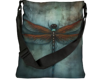 Dragonfly Tote Bag - Adjustable Strap Tote Bag with Zipper and Pockets, Enchanting Turquoise Blue, Goth Distressed Grunge Style Shoulder Bag