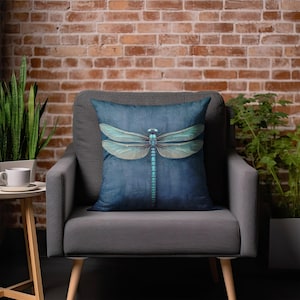 Dragonfly Throw Pillow - Dark Blue Accent Pillow with Turquoise Dragonfly for Couch, Decorative Pillow, Whimsical Cottage Dragonfly Decor immagine 4