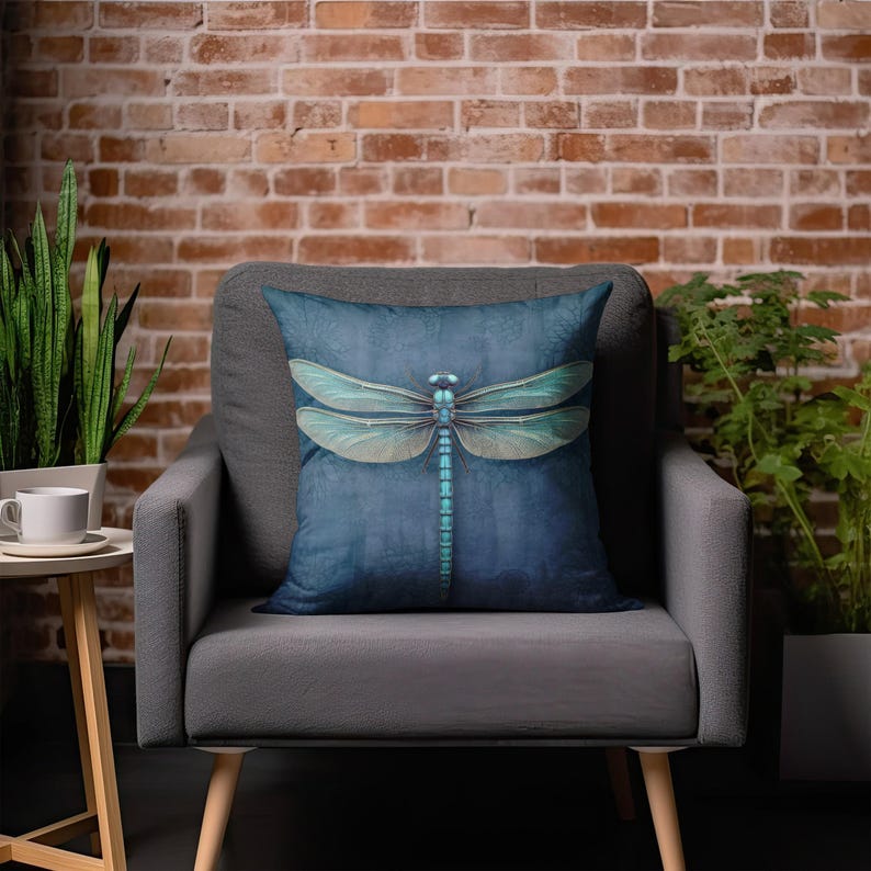 Dragonfly Throw Pillow - Dark Blue Accent Pillow with Turquoise Dragonfly for Couch, Decorative Pillow, Whimsical Cottage Dragonfly Decor immagine 4
