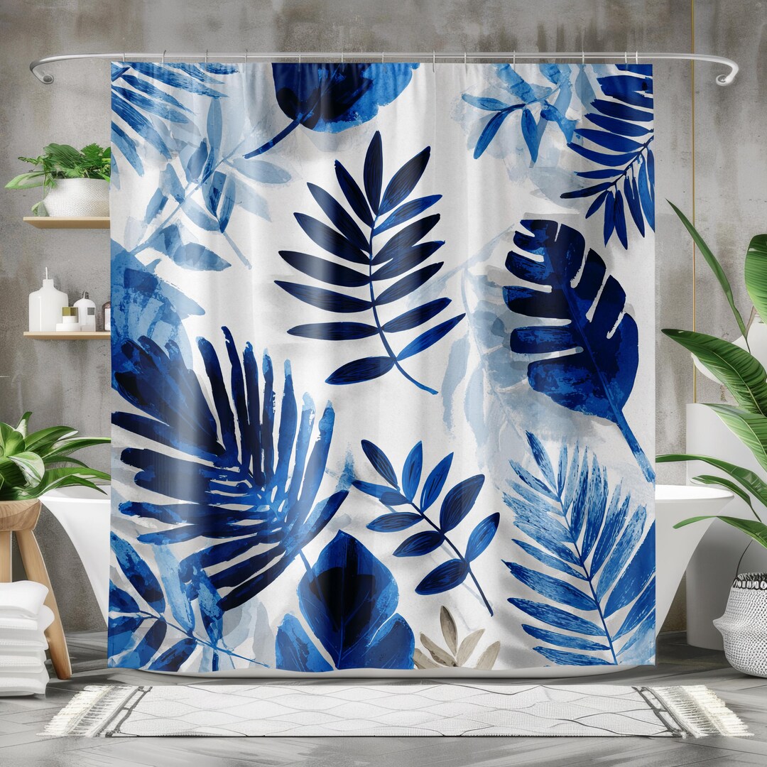 Blue Tropical Leaves Shower Curtain Dark Blue & White Shower Curtain