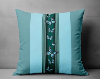 Coussin décoratif papillon bleu sarcelle, housse de coussin à rayures modernes, coussin décoratif bleu-vert, coussin botanique minimaliste, décoration d'intérieur contemporaine