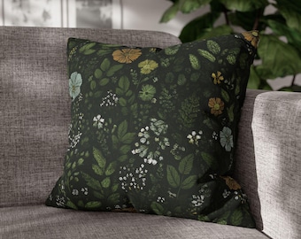 Dark Green Botanical Throw Pillow Cover - Floral Cushion, Cottagecore Home Decor, Nature Inspired Accent Pillow, Greenery Sofa Pillow
