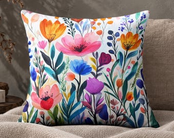 Wildflowers Throw Pillow - Colorful Floral Pillow Spring Wild Flower Summer Floral Accent Couch Pillow, Decorative Designer Home Decor