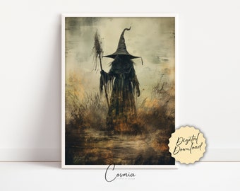 Witch Art Print, Halloween Art Print, Halloween Decor, Creepy Witch Art, Spooky Vintage Halloween, Printable Wall Art, Digital Download