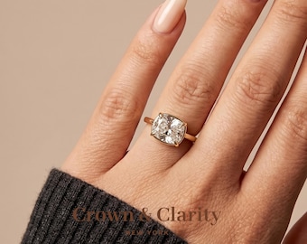 East West Elongated Cushion Solitaire Engagement Ring, 18K Yellow Gold, IGI Certified Lab Grown Diamond, D-F VVS-VS1, Handmade New York