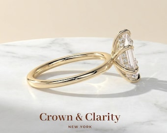 Elongated Hexagon Hidden Halo Solitaire Engagement Ring, 18K Yellow Gold, IGI Certified Lab Grown Diamond, D-F VVS-VS1, Handmade New York