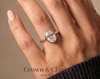 1-5 Karat ovale Lünette Kathedrale Solitär Verlobungsring, 18K Gelbgold, IGI-zertifizierter Diamant im Labor gewachsen, D-F Farbe VVS-VS1, handgefertigt in New York