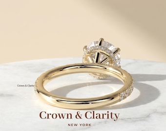 Anillo de compromiso con diamante redondo cultivado en laboratorio de 1-5 ct con halo oculto, banda pavé, oro amarillo de 14 quilates, certificado IGI, color D-F VVS-VS1, hecho a mano en Nueva York.