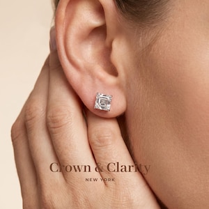 Asscher Cut Lab Grown Diamond Stud Earrings, 4-Prong Setting, IGI Certified 14K White Gold, D-F Color VVS-VS1, Screw Back, Handmade New York