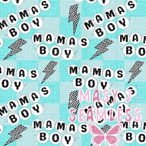 May include: Seamless pattern with the text "MAMAS BOY" in a circle, lightning bolts, and a butterfly on a light blue background. The words "MASYAJ SEAMLESS" are also visible. The design has a playful and trendy aesthetic.
