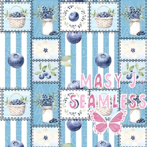 May include: A seamless pattern with watercolour illustrations of blueberries, baskets, jars, flowers, and a butterfly. The design includes blue and white stripes and patchwork squares, with the text "MASY J SEAMLESS" in pink.