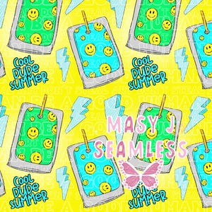 May include: Seamless pattern featuring juice boxes with smiley faces, lightning bolts, and the text "Cool Dude Summer" on a yellow background. The design also includes the text "MASY J SEAMLESS" and a butterfly.