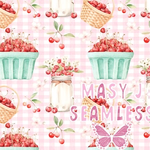 May include: Seamless pattern featuring watercolor illustrations of cherries in baskets and containers, with sprigs of leaves and flowers. The background is a pink and white gingham pattern. Text reads "Masy J Seamless". A pink butterfly is also present.