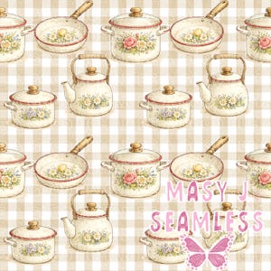 Puede incluir: Patrón repetitivo de utensilios de cocina de estilo vintage, incluyendo ollas, sartenes y teteras. Los elementos crema están adornados con diseños florales y ribetes rojos, sobre un fondo a cuadros beige. La imagen incluye el texto "MASY J SEAMLESS" y una mariposa rosa.