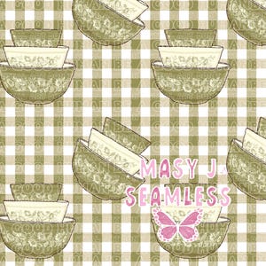 Puede incluir: Patrón sin costuras con cuencos apilados con diseños florales en tonos verdes y crema, sobre un fondo a cuadros. También se ve el texto "MASY J SEAMLESS" y una mariposa rosa.