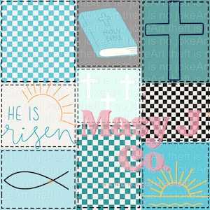 Puede incluir: Un diseño de patchwork con símbolos religiosos y texto. El diseño incluye una Biblia azul, una cruz, un sol naciente y las palabras "HE IS risen". Otros cuadrados tienen patrones de cuadros y el texto "Mosy Co."