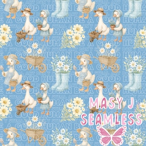 Puede incluir: Patrón sin costuras con adorables gansos con sombreros y delantales, jardinería con flores y carretillas, sobre un fondo azul claro. El diseño incluye margaritas, botas y el texto "MASY J SEAMLESS".