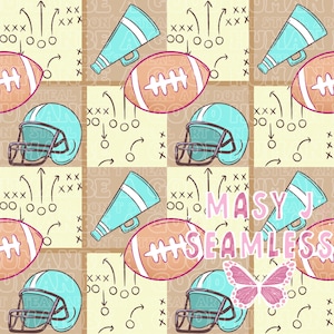 May include: A repeating pattern with American football helmets, balls, megaphones, and play diagrams in a grid. The design uses teal, tan, and pink hues, with the text "MASY J SEAMLESS" and a butterfly graphic.