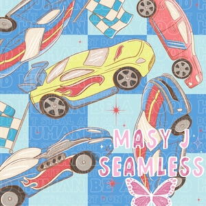 Peut inclure: Motif sans couture avec des voitures de course dessinées en bleu, jaune et rouge, des drapeaux à damier et un papillon sur un fond à carreaux bleu clair. Le texte comprend "MASY J SEAMLESS".