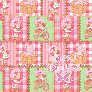 Könnte beinhalten: Ein sich wiederholendes Muster mit einer Zeichentrickfigur in einem rosa Kleid und Hut, mit Erdbeerthema. Das Design umfasst eine Katze in einem Korb, ein Fahrrad und den Text "MASY J SEAMLESS" auf einem rosa-grünen Patchwork-Hintergrund.