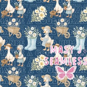 Puede incluir: Patrón sin costuras con gansos de dibujos animados en atuendo de jardinería, margaritas, carretillas y botas de agua sobre un fondo azul marino. También está presente el texto "MASY J SEAMLESS".